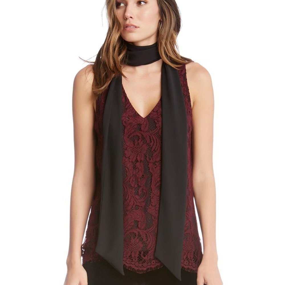 NWT $160 FIFTEEN TWENTY Wine Red Black Lace Necktie Top XS 2 4
